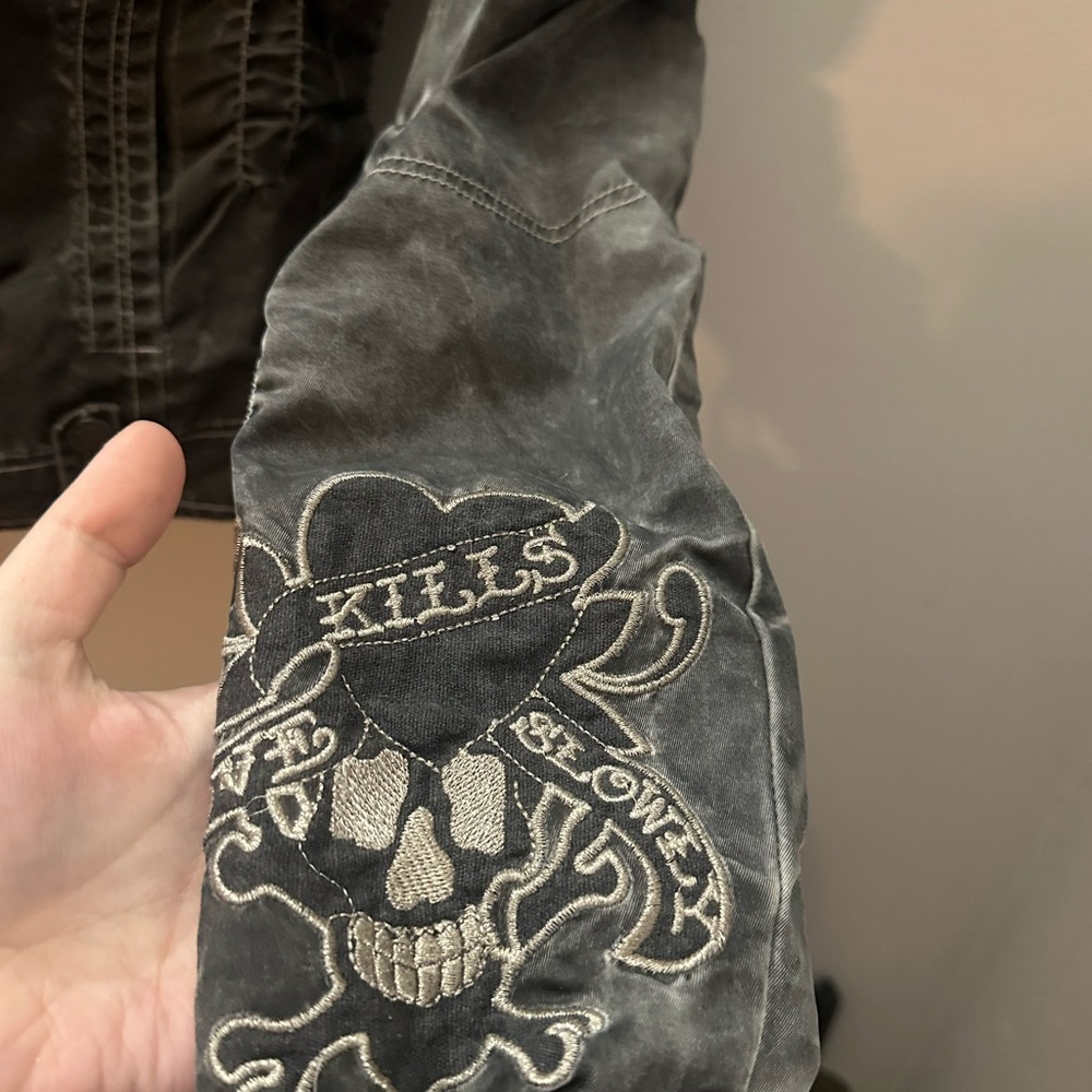Ed Hardy Dark Grey Moto Jacket with Tiger Embroidery Y2K Biker Grunge Alt - Picture 7 of 10
